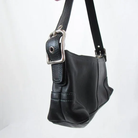 VINTAGE 90S COACH Leather Satchel Mini /Black W/ Green Stitching Chic & Sleek~ - Picture 3 of 11